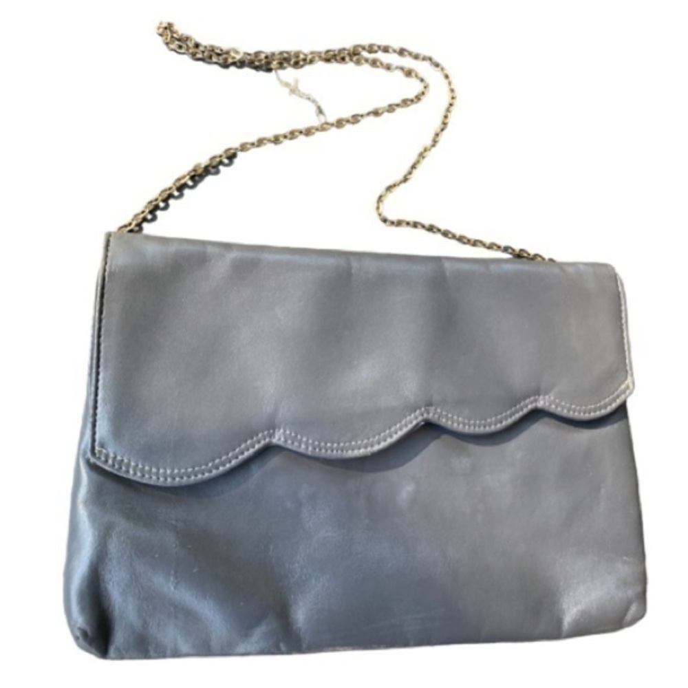 Vintage Gray Leather Envelope Bag / Clutch with Gold Chain